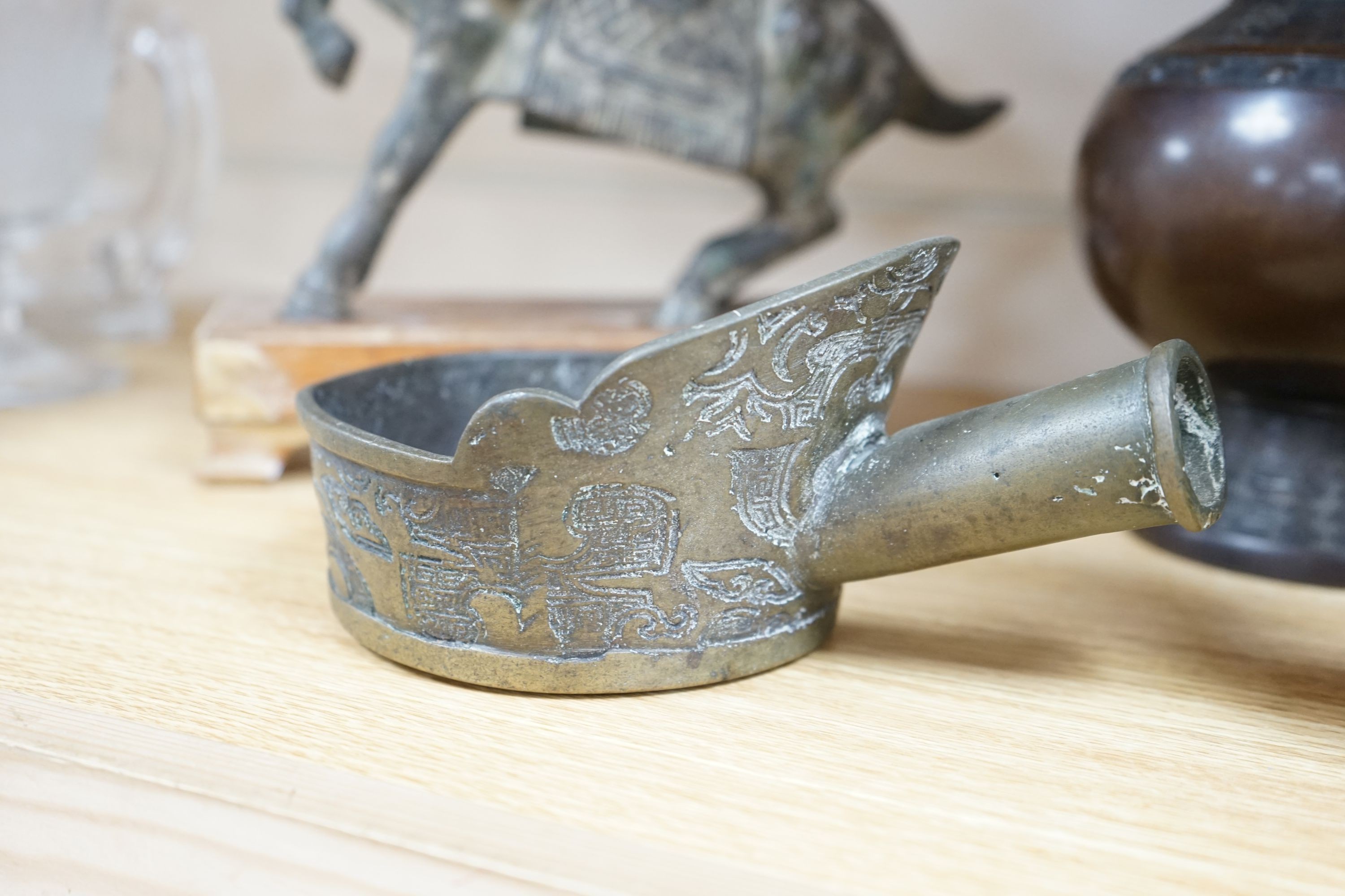 Two Tang style horses and other Asian metalware 29cm